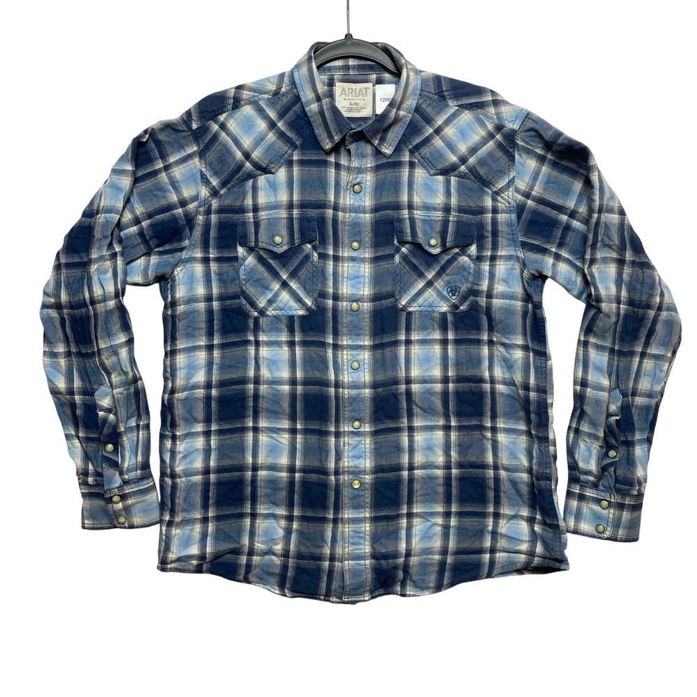 Ariat Shirt Mens L Blue Long Sleeve Plaid Retro Fit Western Snap Front Button Up